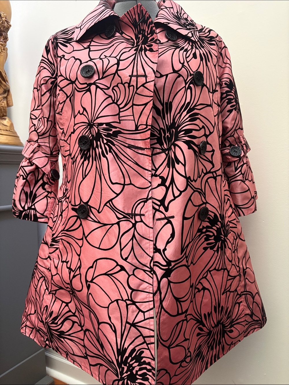 Pink Floral Satin Swing Coat with Black Floral Print